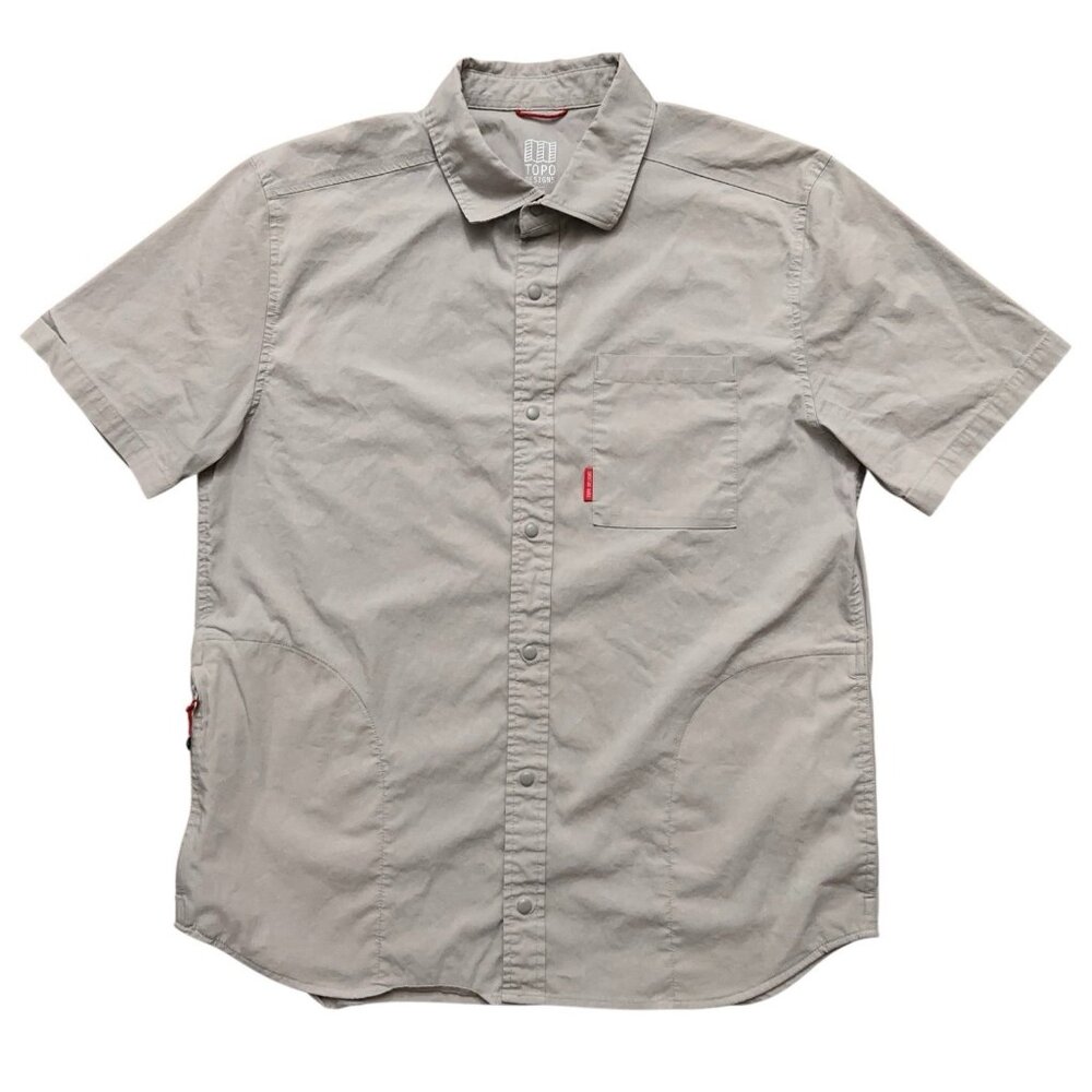 Topo Designs Global Shirt Mens Size M Short Sleeve Snap Buttons Zip Pocket Gray